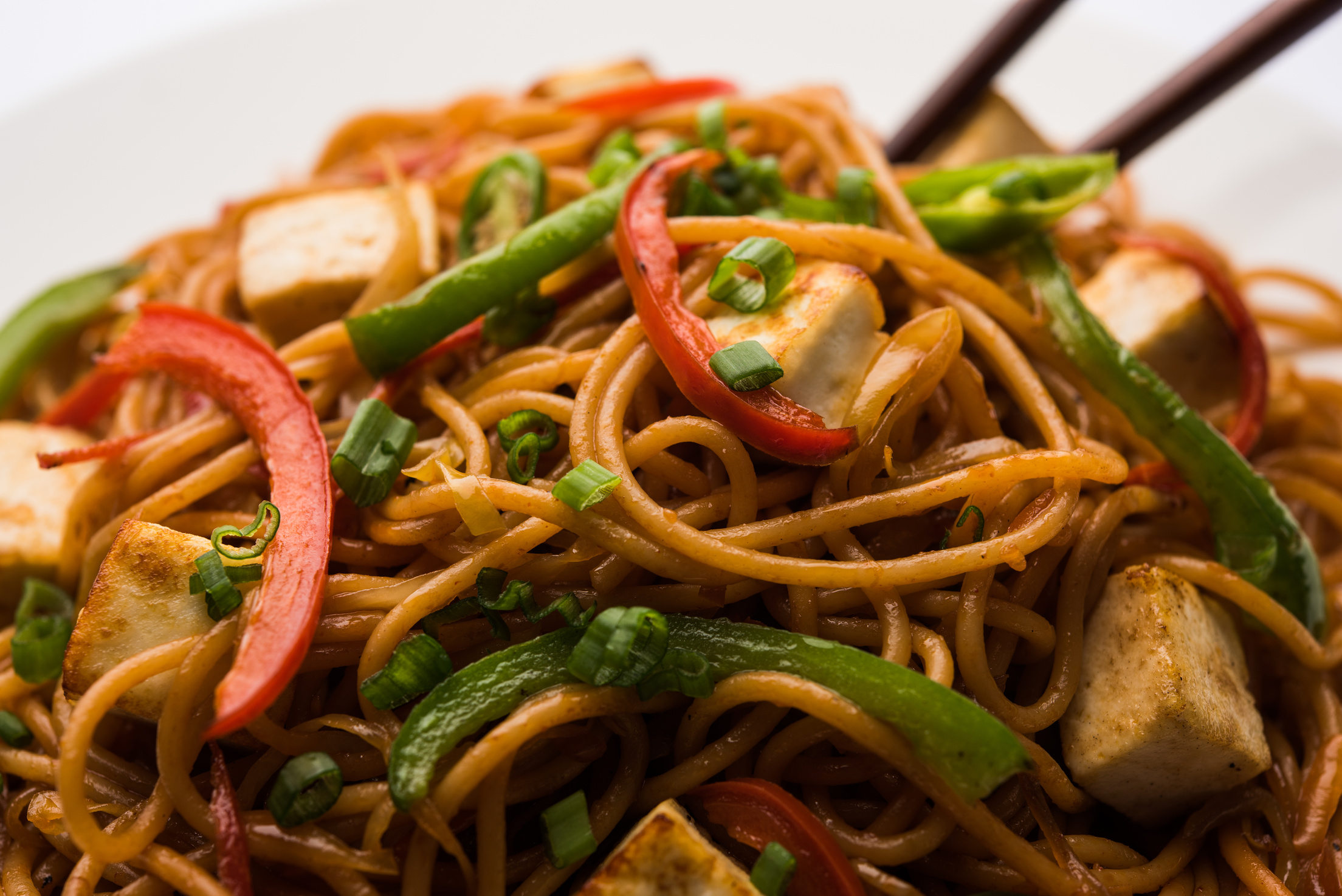 Schezwan hakka noodles with paneer or cottage cheese. Served in a bowl. selective focus